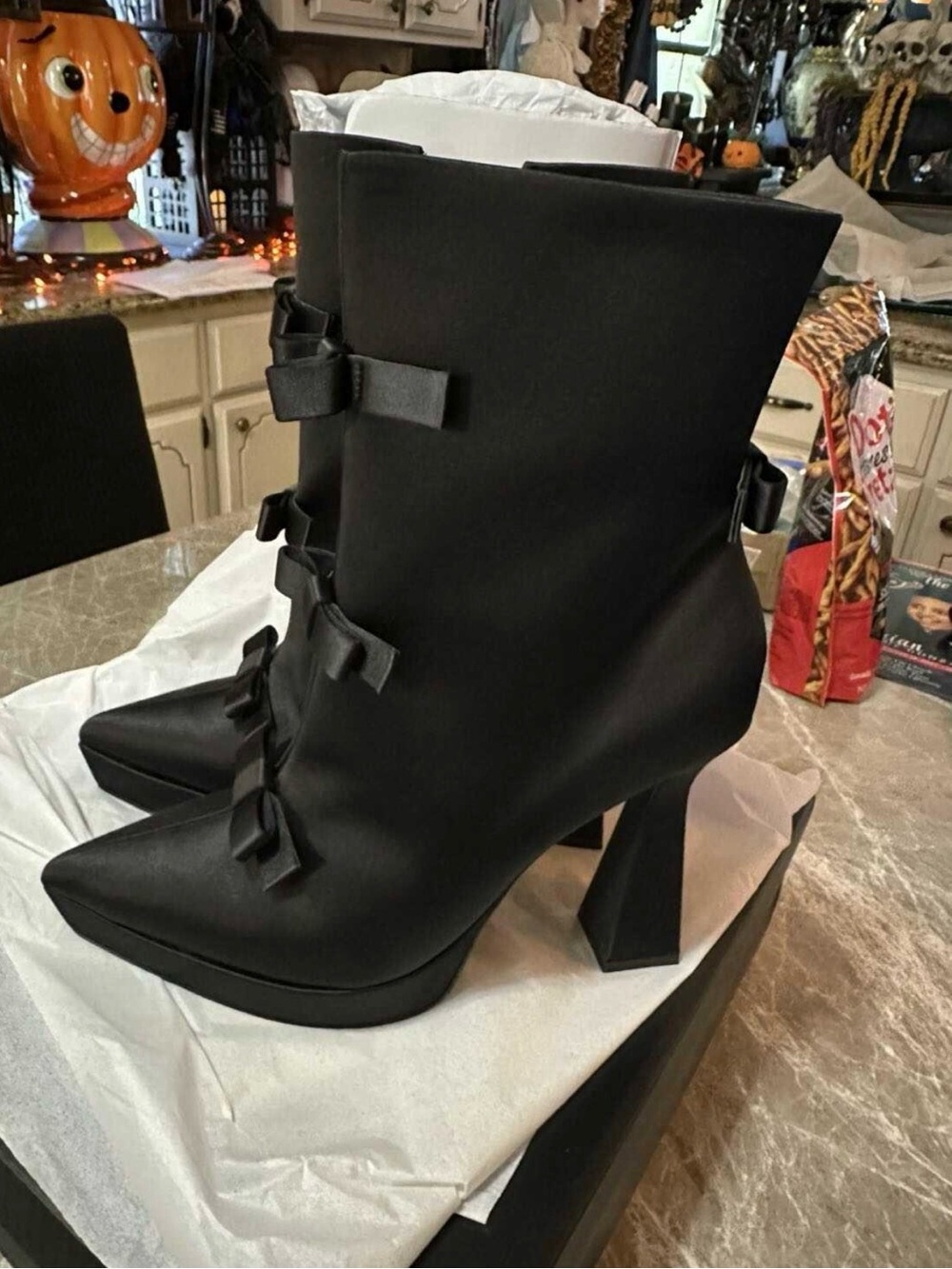 Dolls Kill Black Pointed Toe Bow Accent Block Heel Ankle Boots